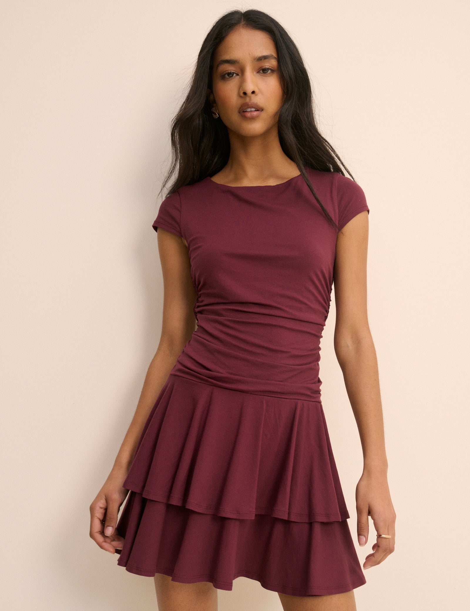 Burgundy Drop Waist Jersey Yuki Mini Dress
