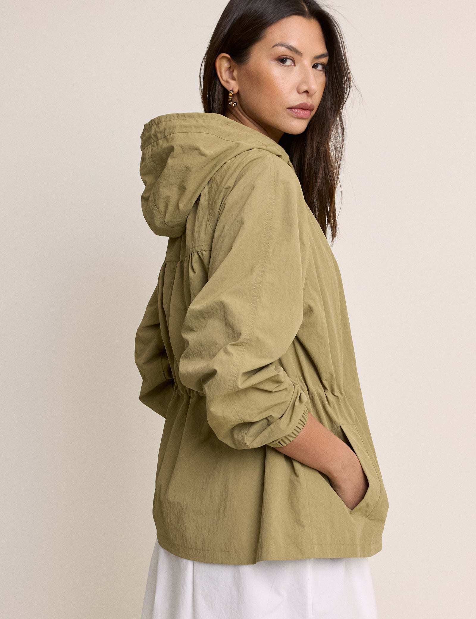 Khaki Elasticated Waist Hooded Parka