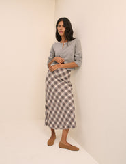 Brown Check Midi Slip Skirt