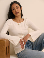 Ivory Ribbed Flared Sleeve Jersey Cardigan