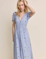 Blue Pinstriped Embroidered Ezra Midi Dress