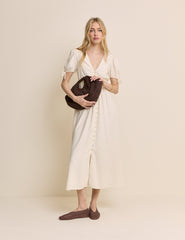 Cream Linen-Blend Button Front Ezra Midi Dress