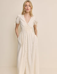 Cream Linen-Blend Button Front Ezra Midi Dress