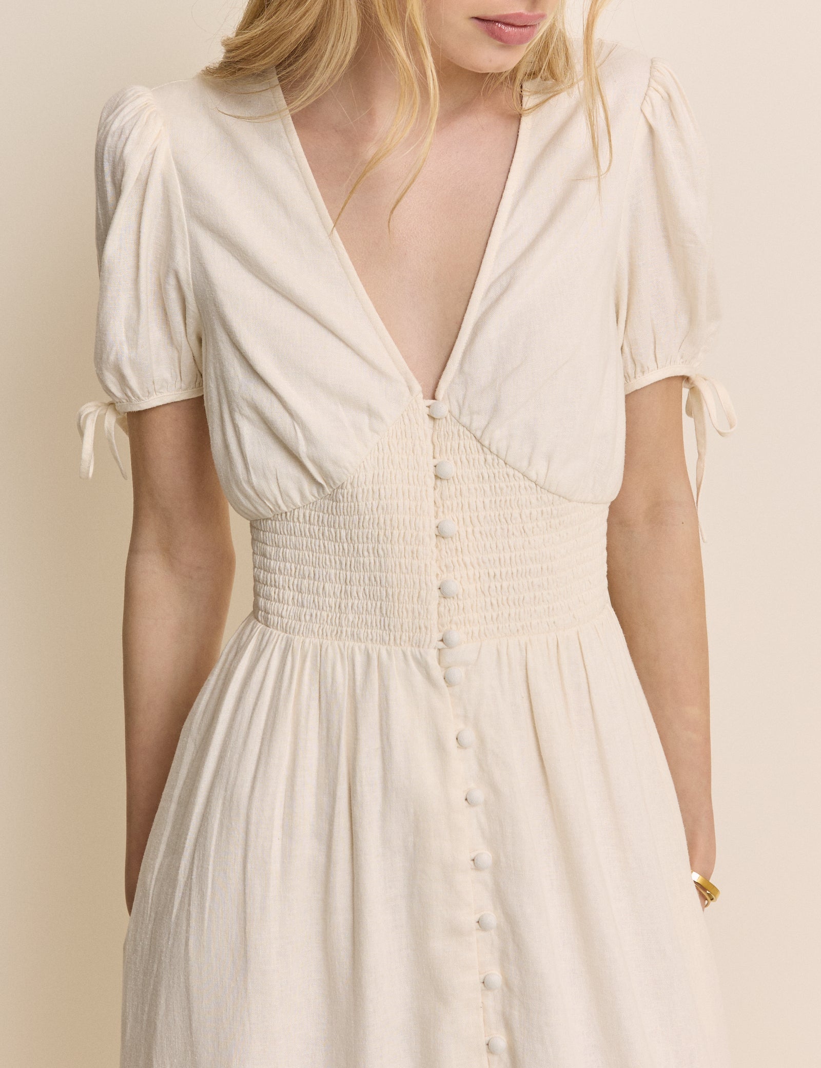 Cream Linen-Blend Button Front Ezra Midi Dress