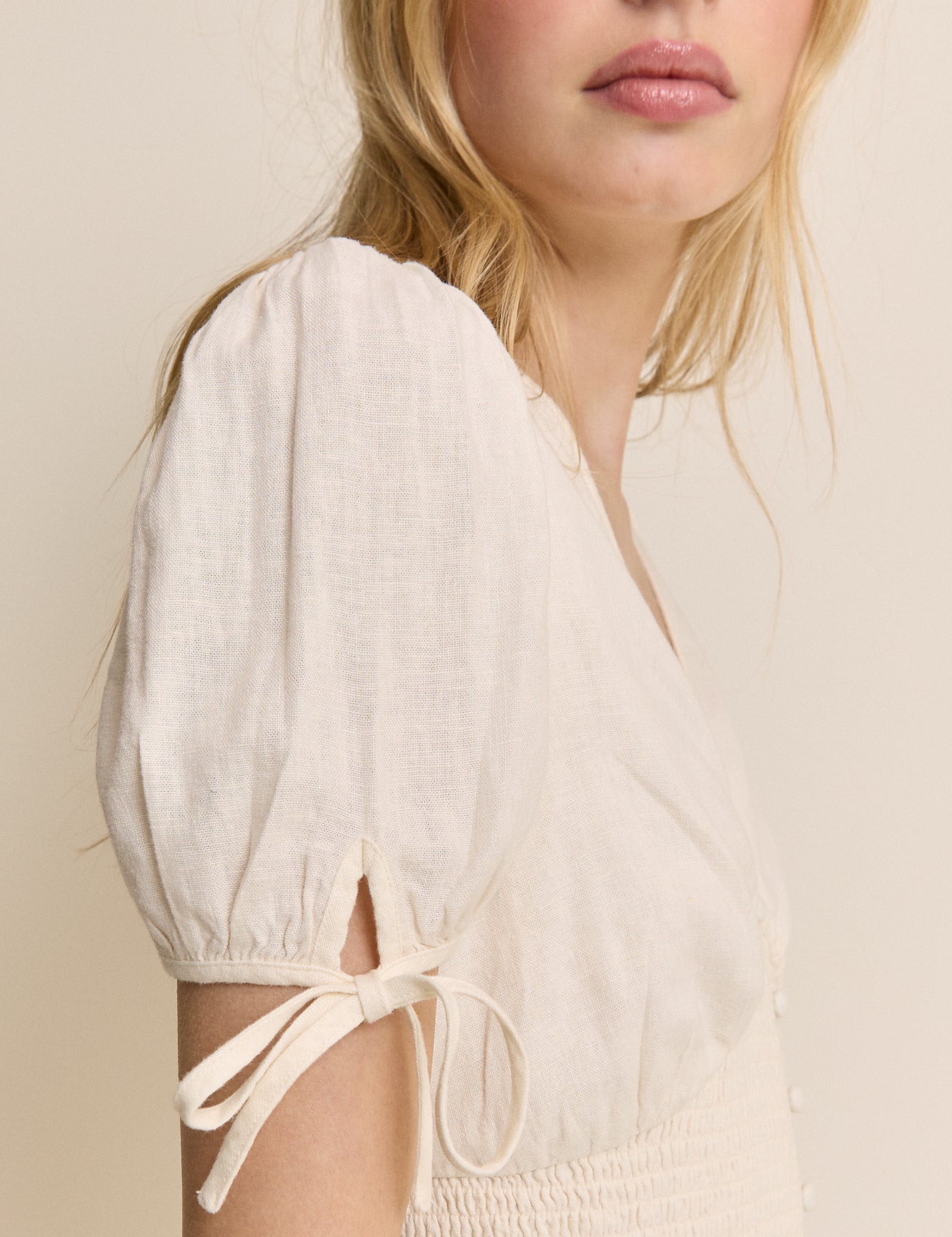 Cream Linen-Blend Button Front Ezra Midi Dress