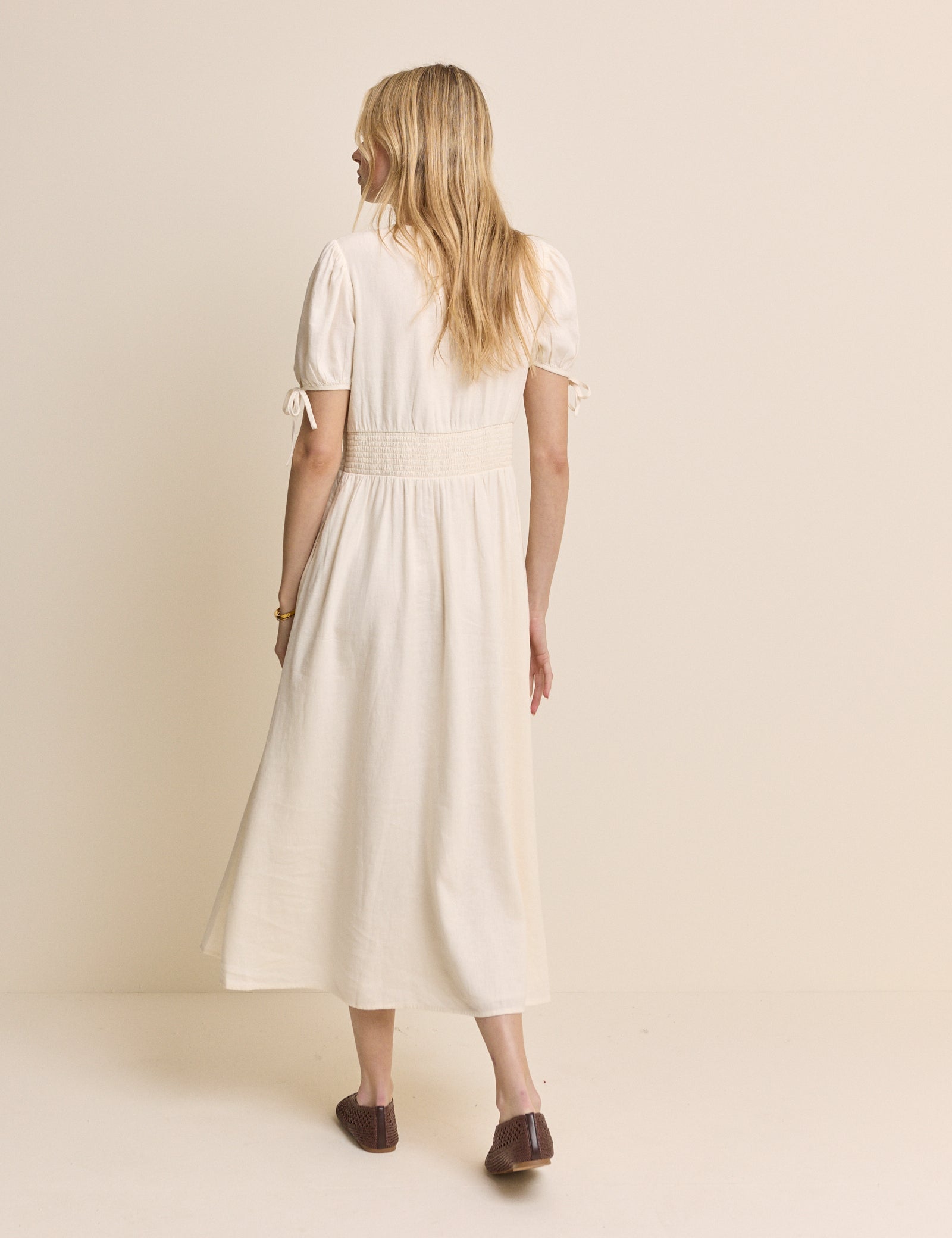 Cream Linen-Blend Button Front Ezra Midi Dress