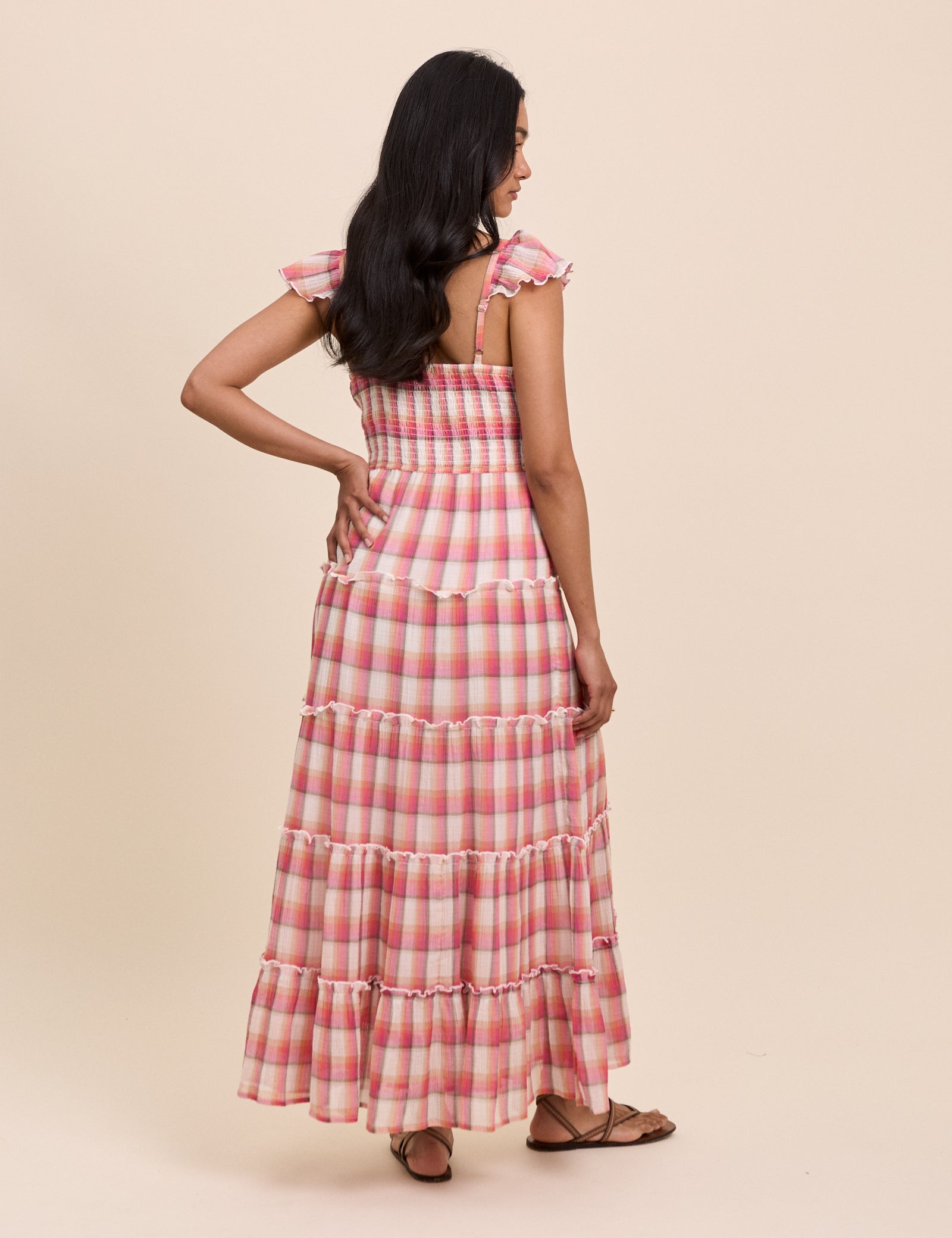 Red Check Ruffle Trim Tiered Levi Maxi Dress