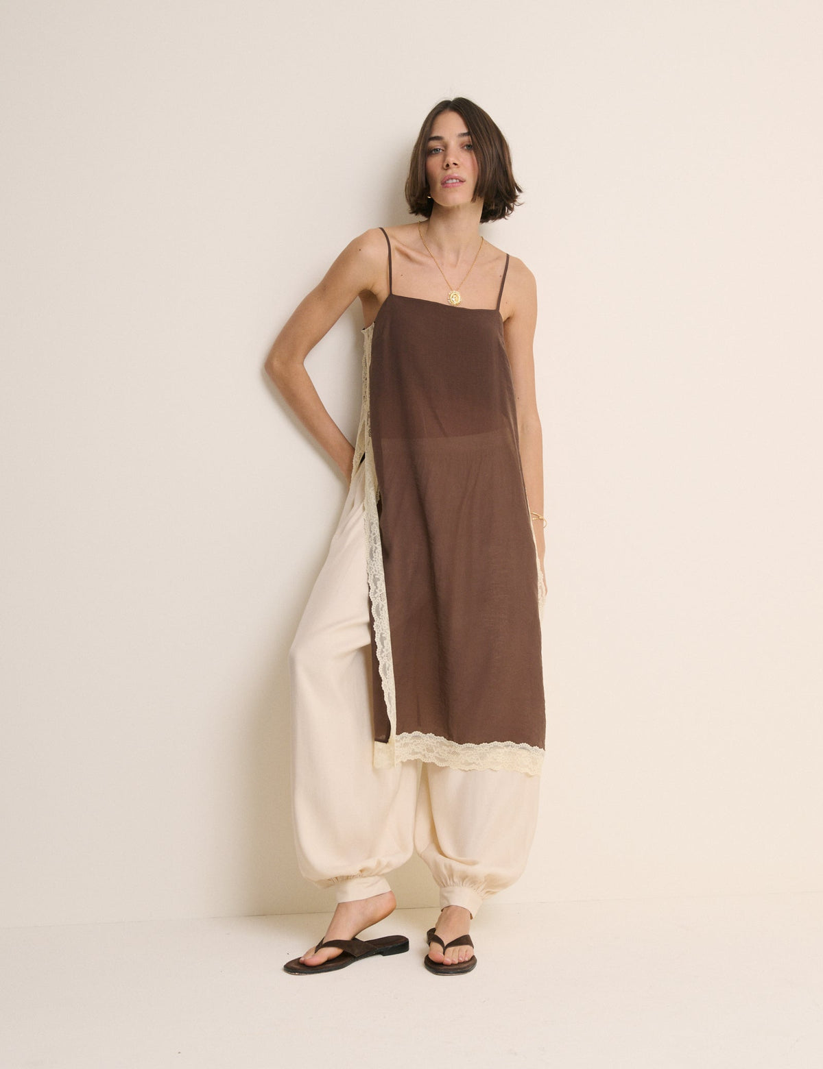 Brown Lace Trim Paulina Longline Cami