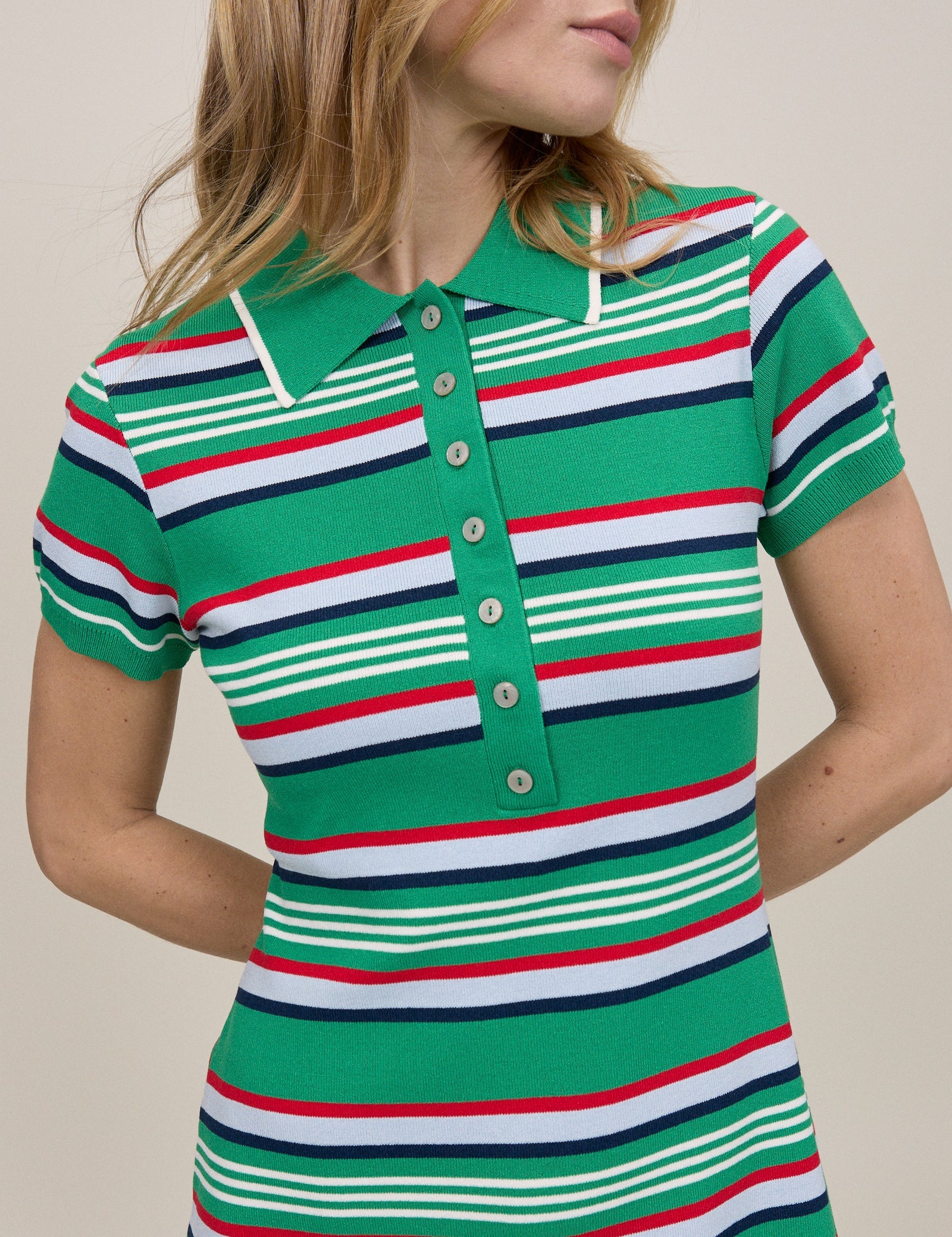 Green Striped Knitted Polo Dress
