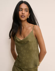 Khaki Jacquard Floral Cowl Neck Satin Top