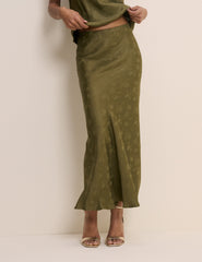 Khaki Jacquard Floral Satin Maxi Skirt