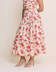 White and Red Floral Pleated Midi Skirt