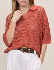 Orange Open Collar Polo Knitted Top