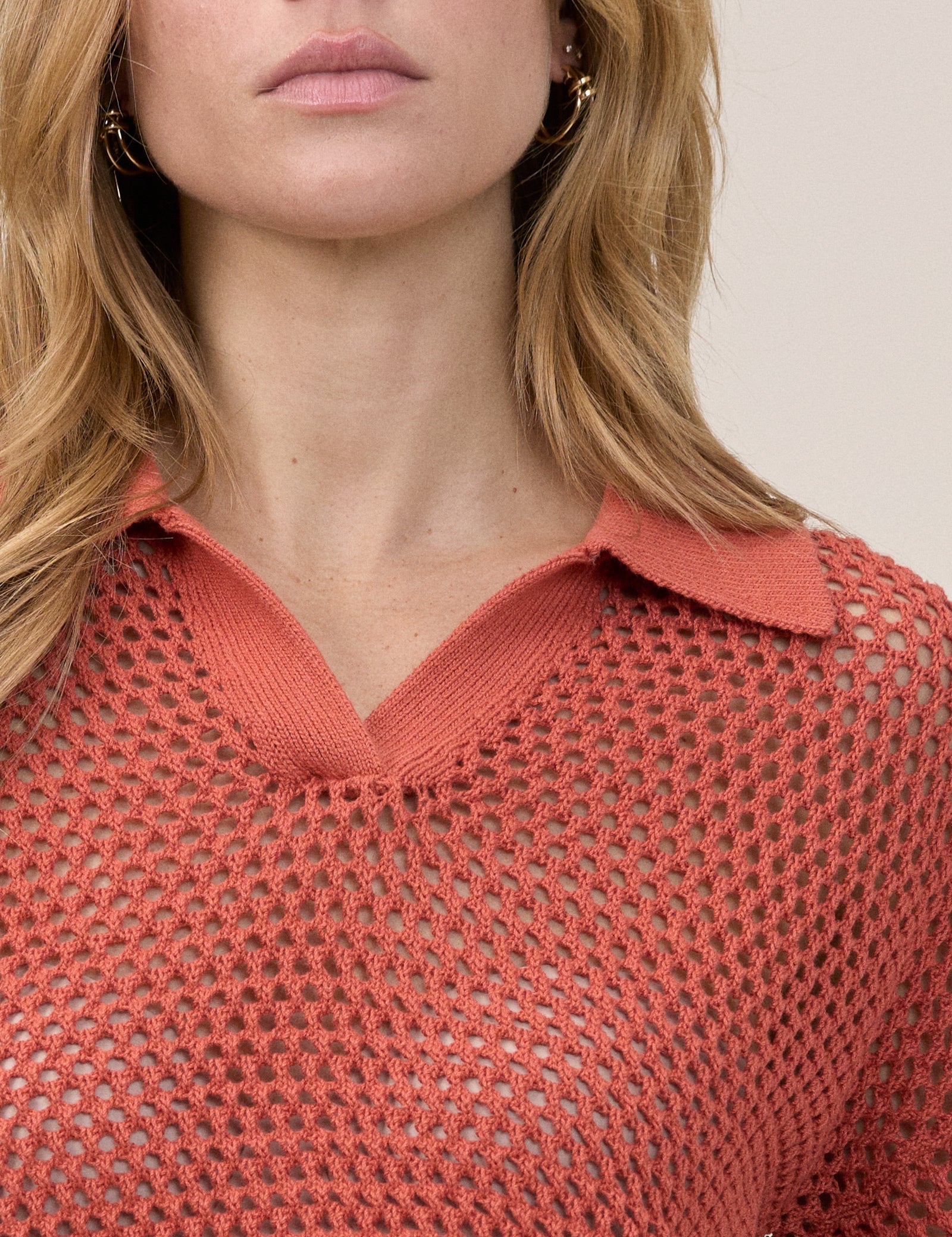 Orange Open Collar Polo Knitted Top
