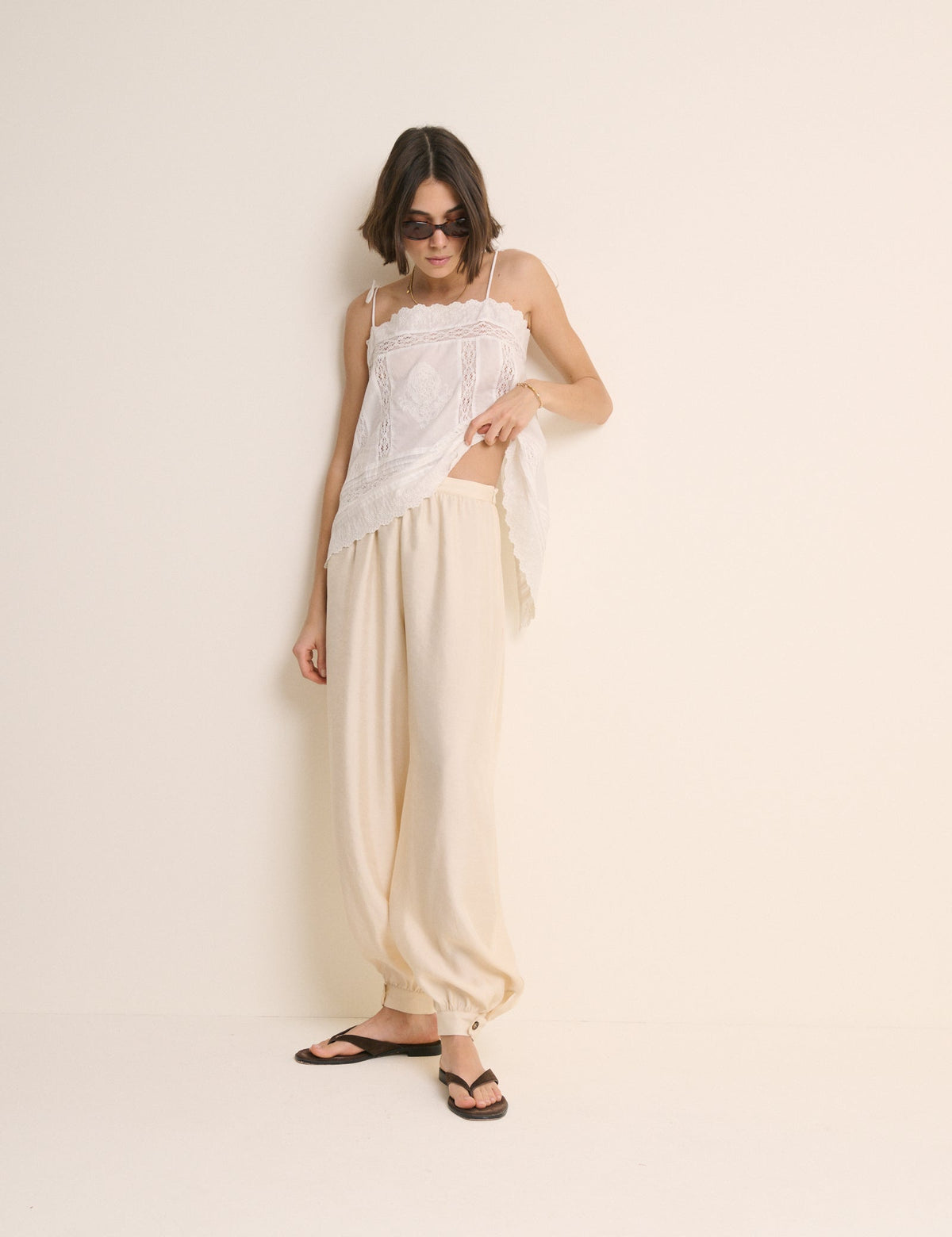Cream Balloon Leg Satin Cuffed Trousers