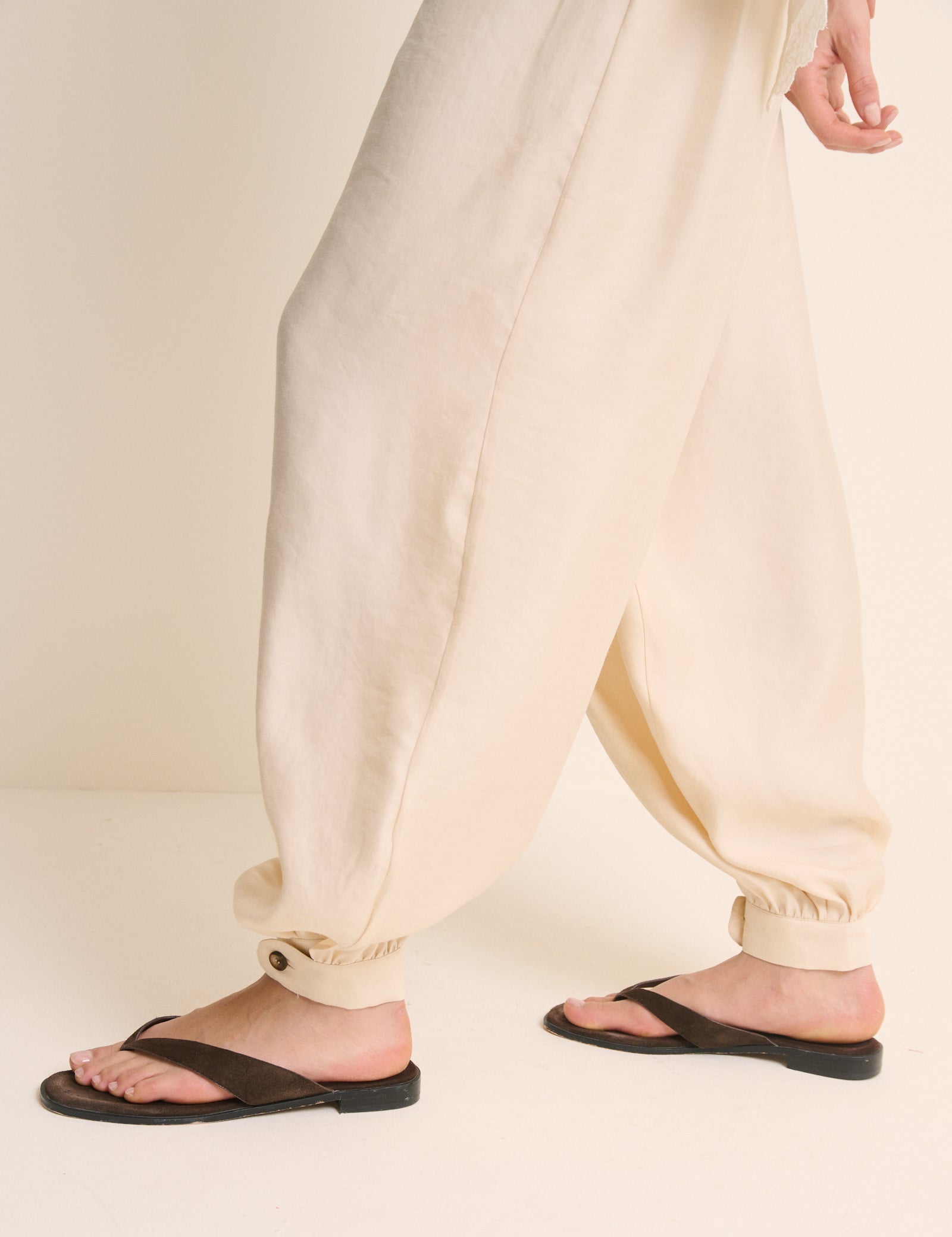 Cream Balloon Leg Satin Cuffed Trousers
