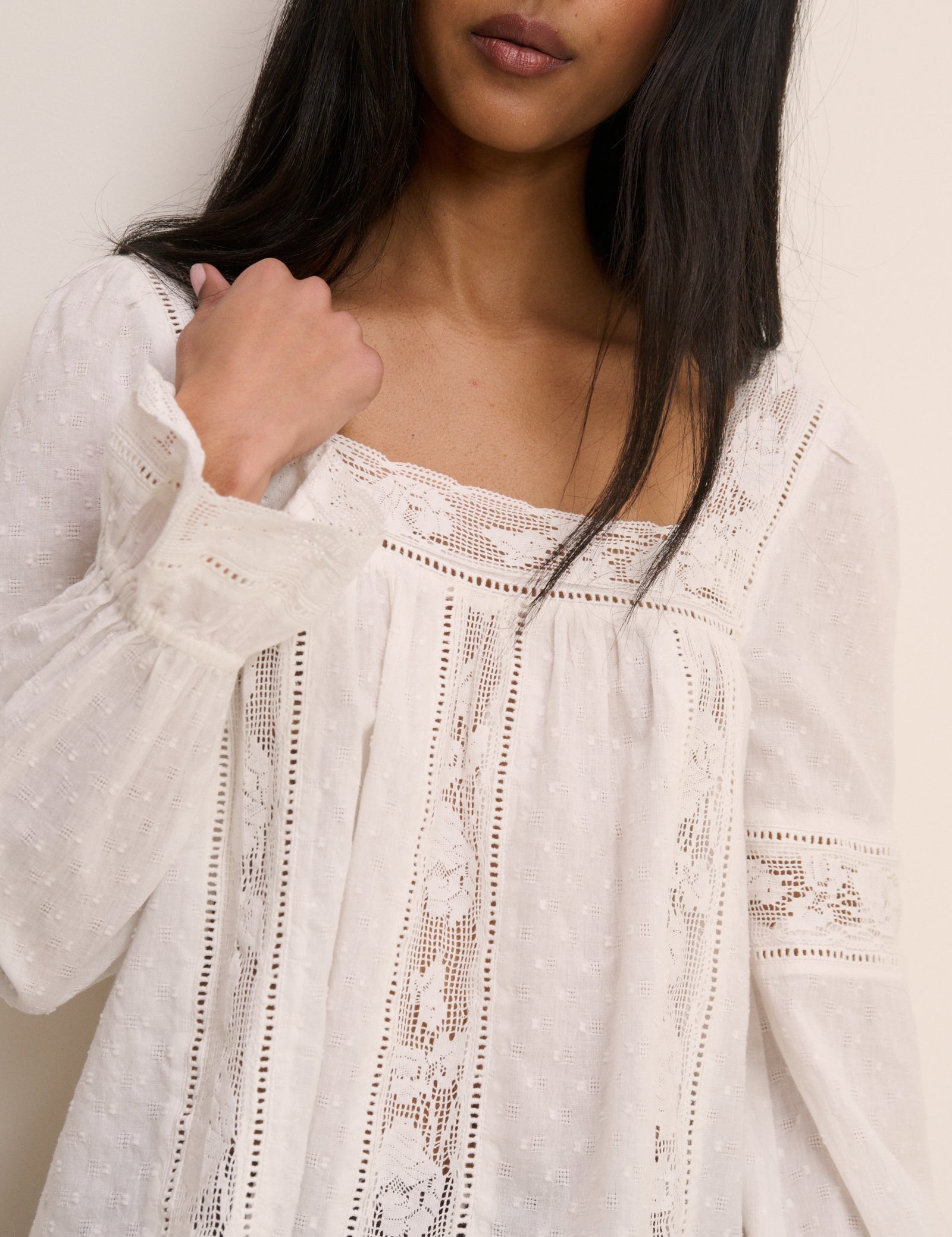 White Lace Trim Long Sleeve Blouse