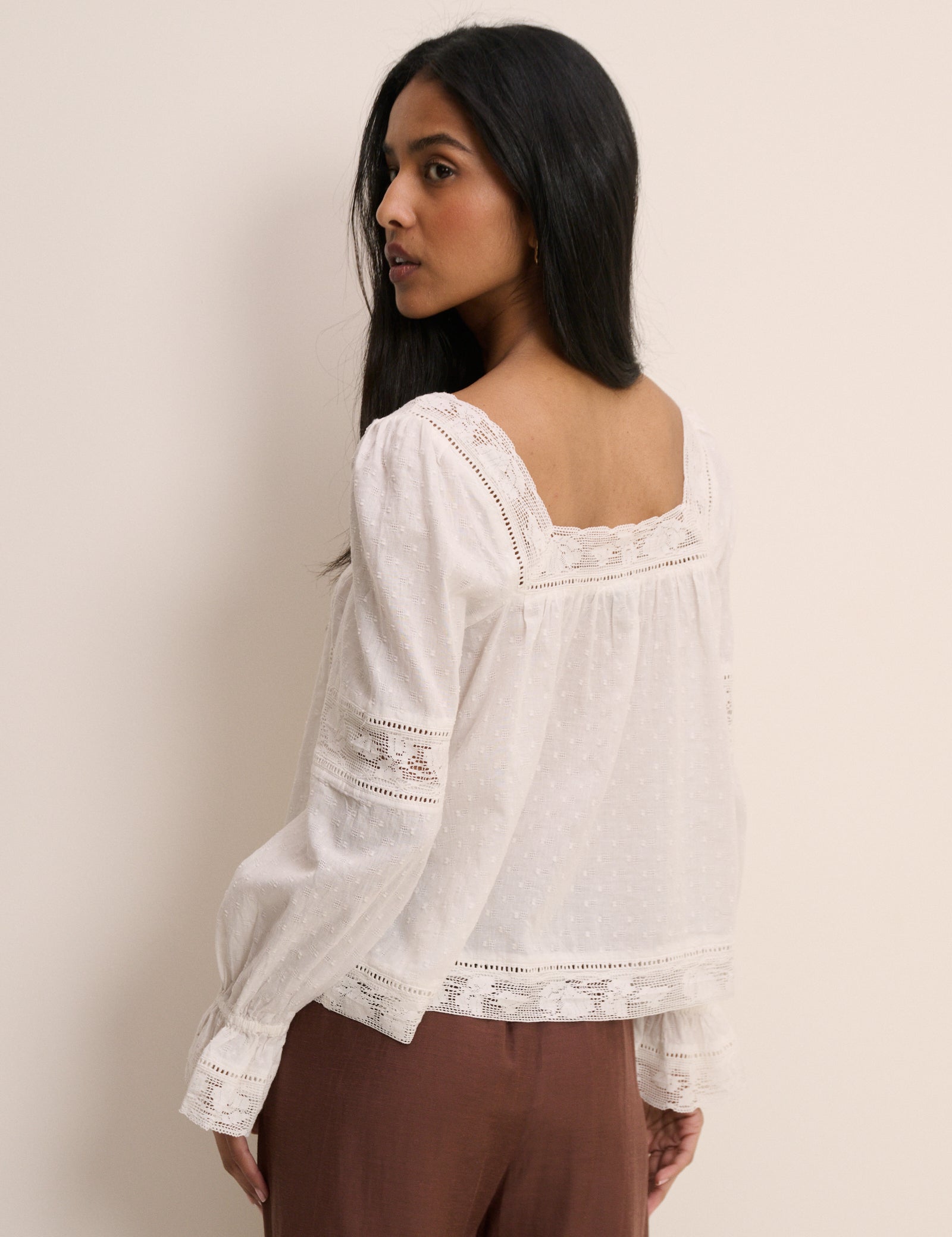 White Lace Trim Long Sleeve Blouse