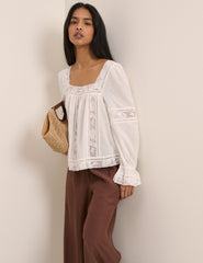 White Lace Trim Long Sleeve Blouse