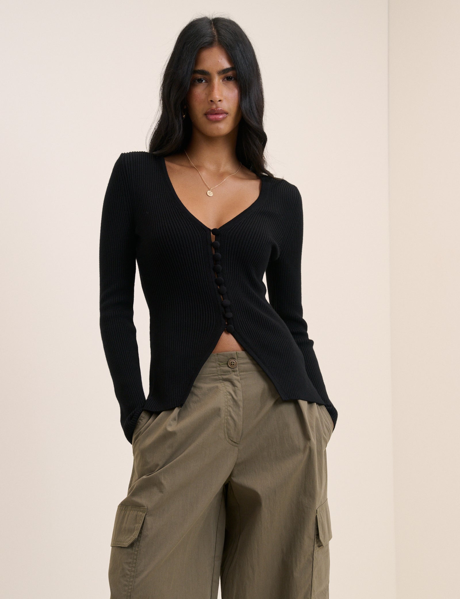 Black V-Neck Button Through Waisted Cardigan