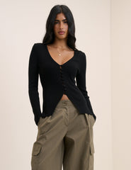 Black V-Neck Button Through Waisted Cardigan