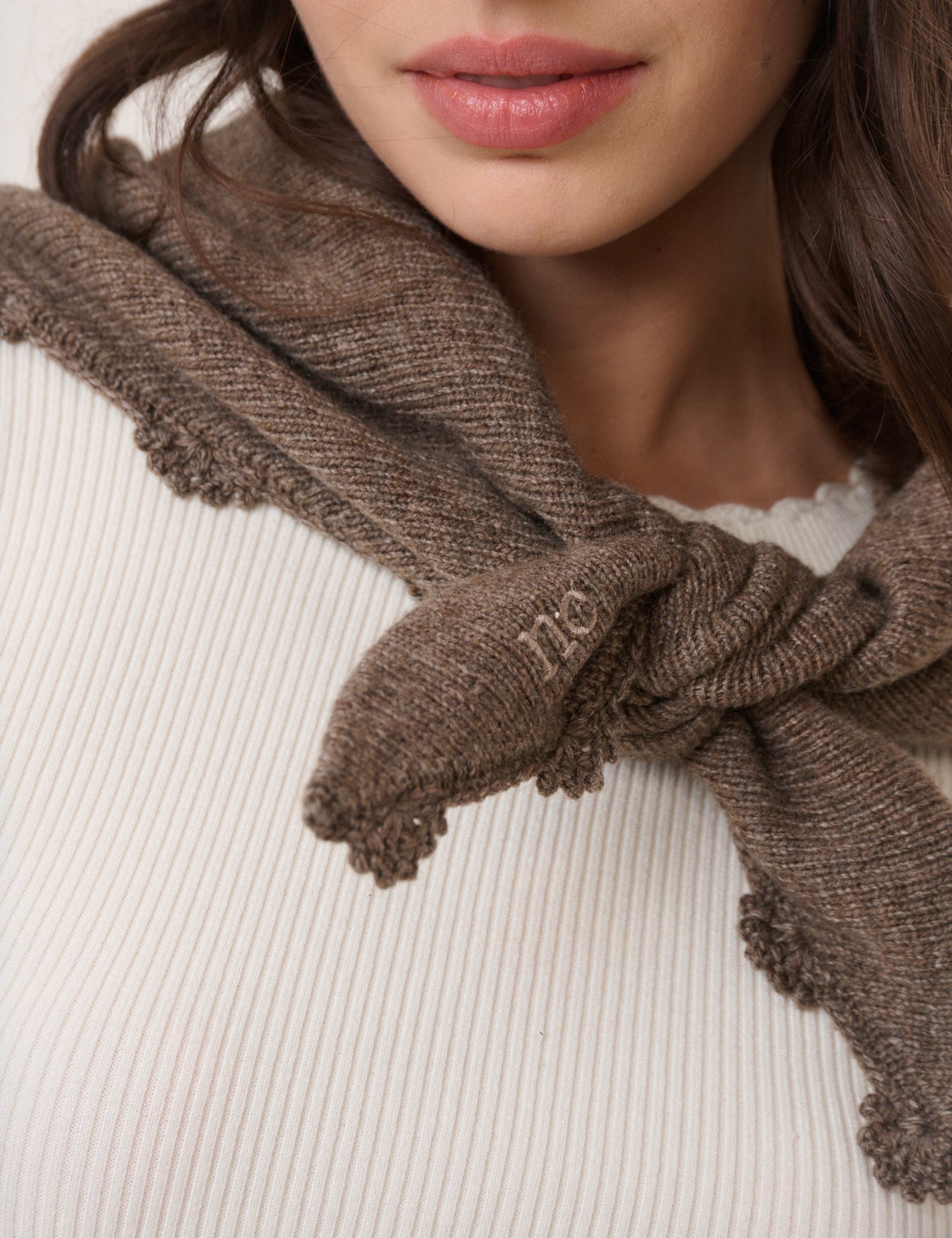 Brown Crochet Trim Triangle Scarf