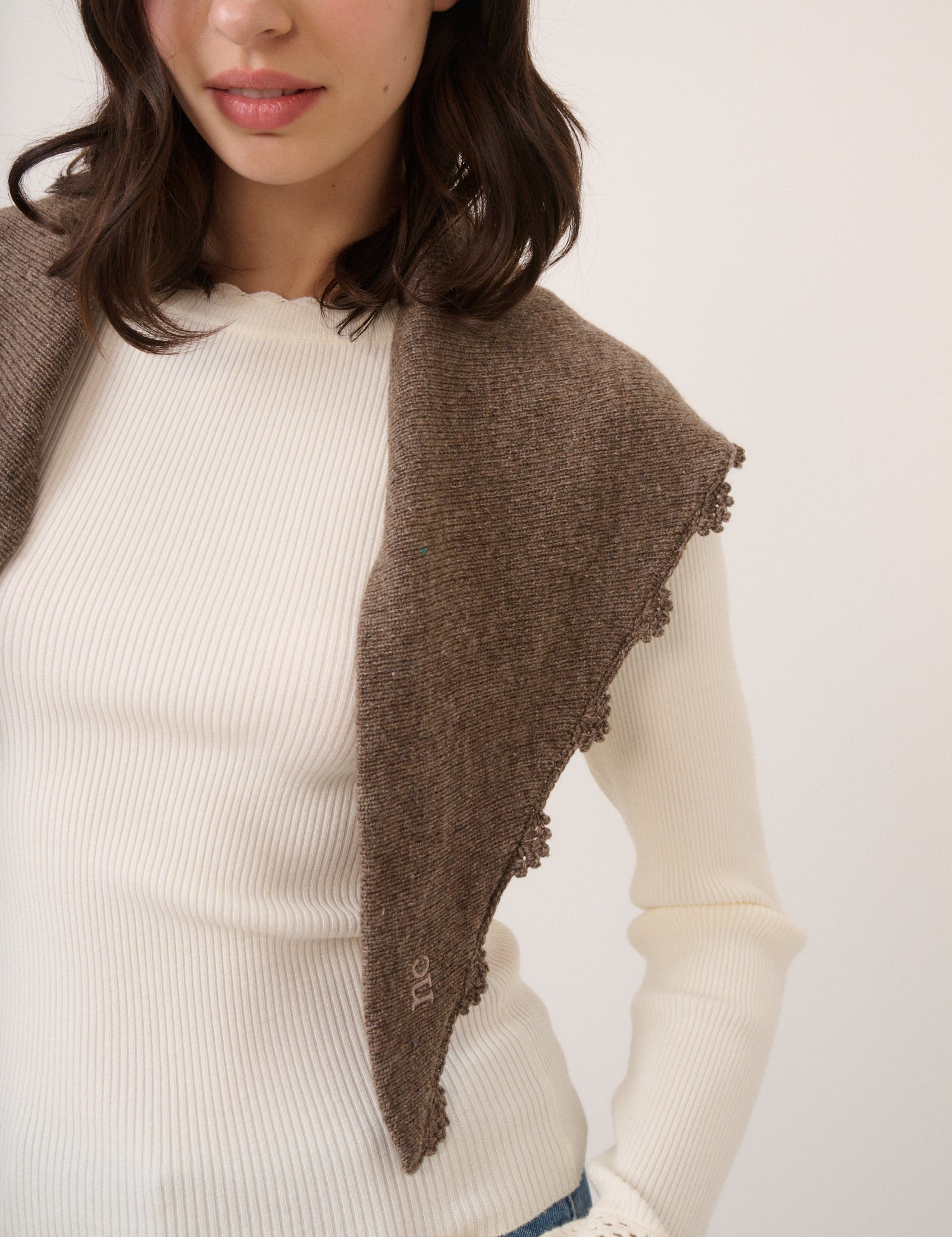 Brown Crochet Trim Triangle Scarf