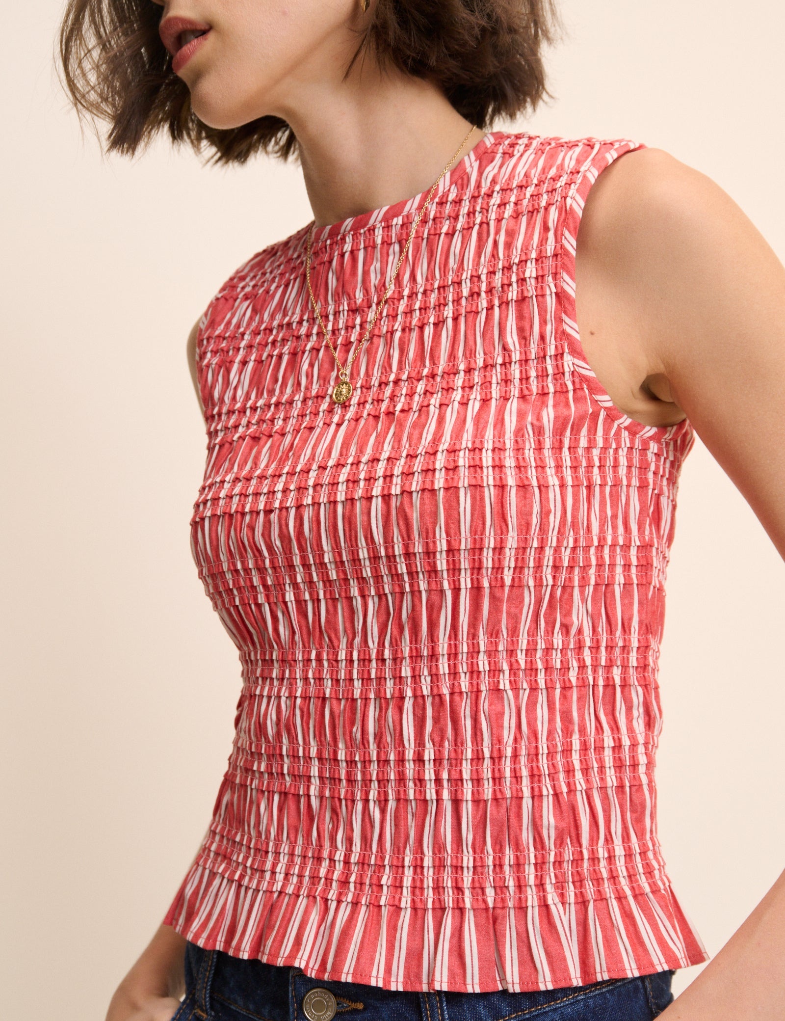 Red Striped Shirred Top