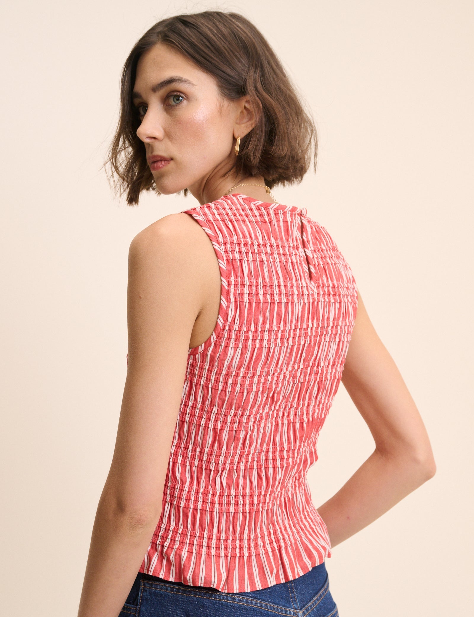 Red Striped Shirred Top