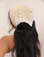 Yellow Ditsy Floral Lace Trim Triangle Scarf