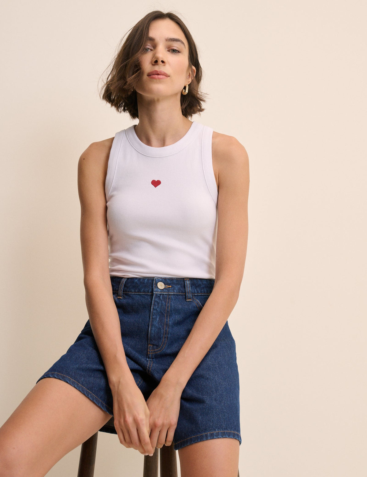 White Heart Embroidered Ribbed Racer Vest