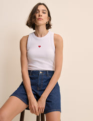 White Heart Embroidered Ribbed Racer Vest