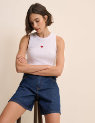White Heart Embroidered Ribbed Racer Vest