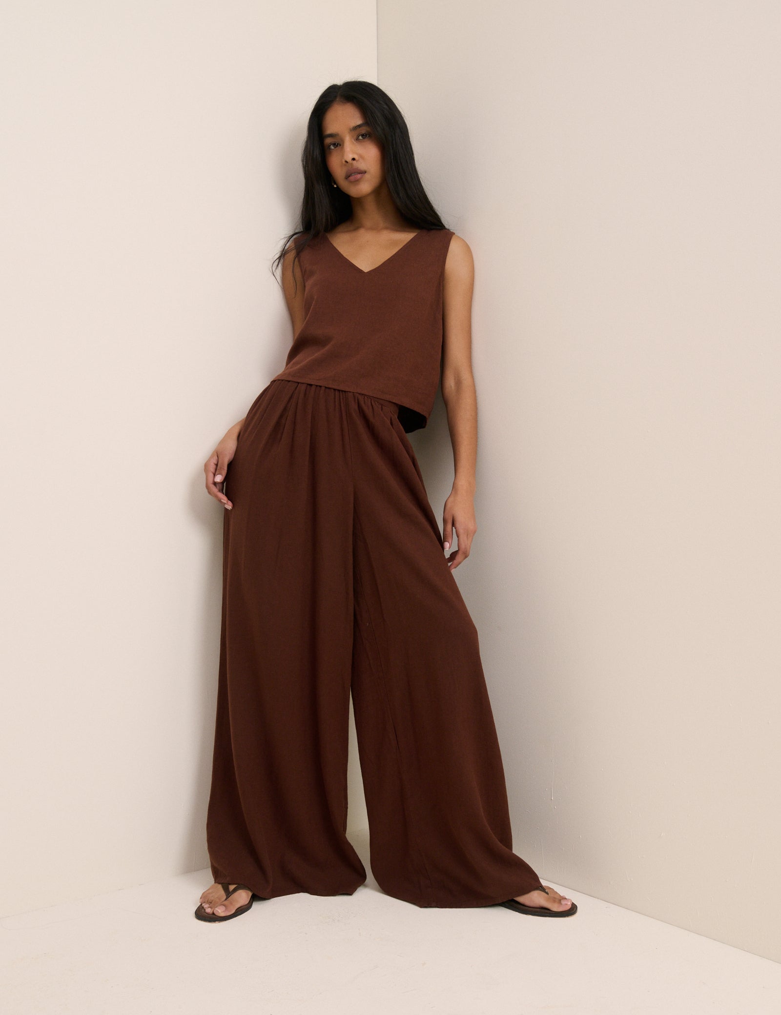 Brown Linen-Blend Wide Leg Jerrow Trousers