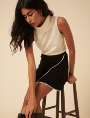 Black Whipstitch Knitted Mini Wrap Skirt