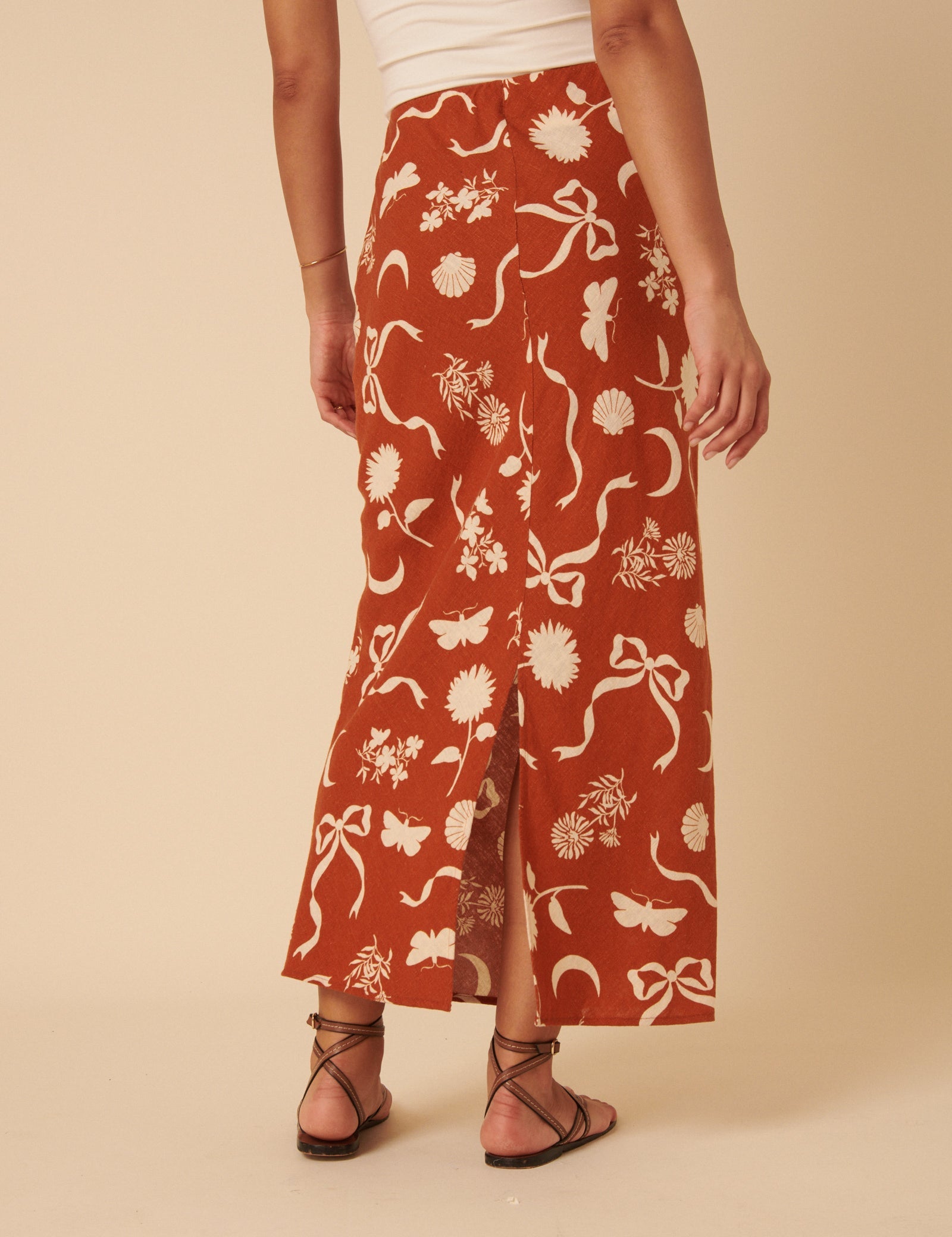 Brown Printed Linen-Blend Midi Skirt