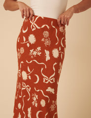 Brown Printed Linen-Blend Midi Skirt