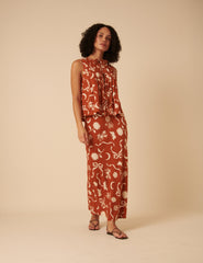 Brown Printed Linen-Blend Midi Skirt