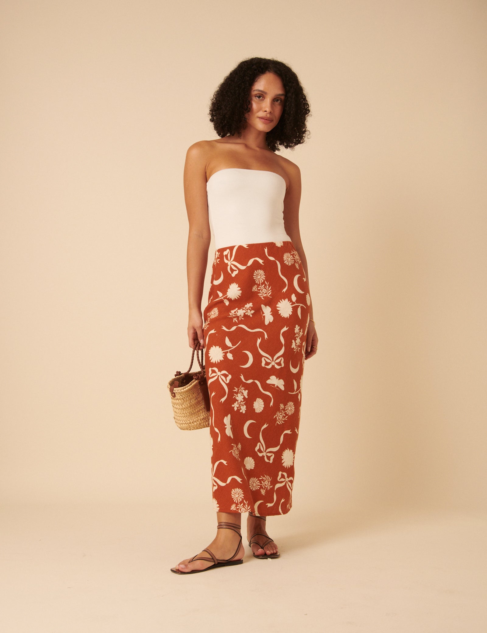 Brown Printed Linen-Blend Midi Skirt