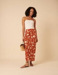 Brown Printed Linen-Blend Midi Skirt