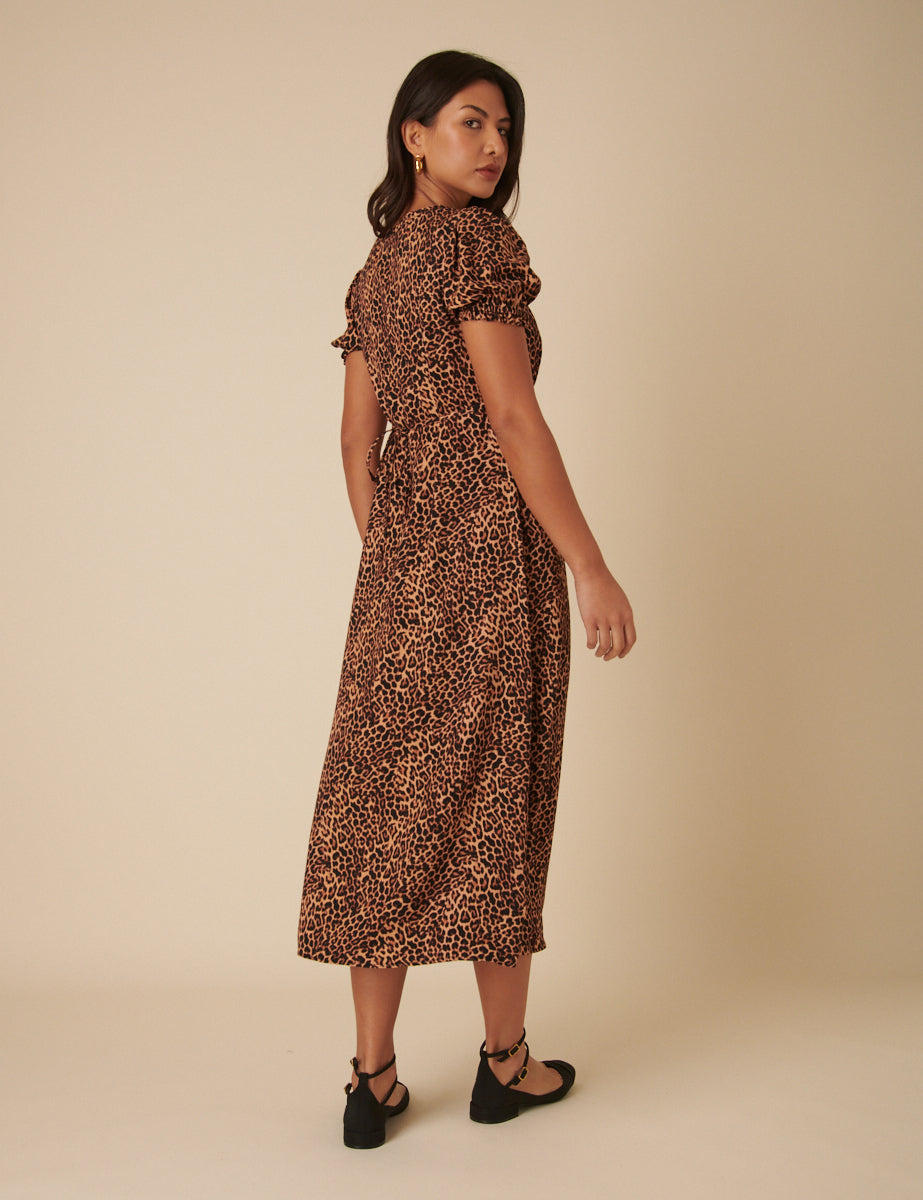 Brown Leopard Print Prarie Midi Dress