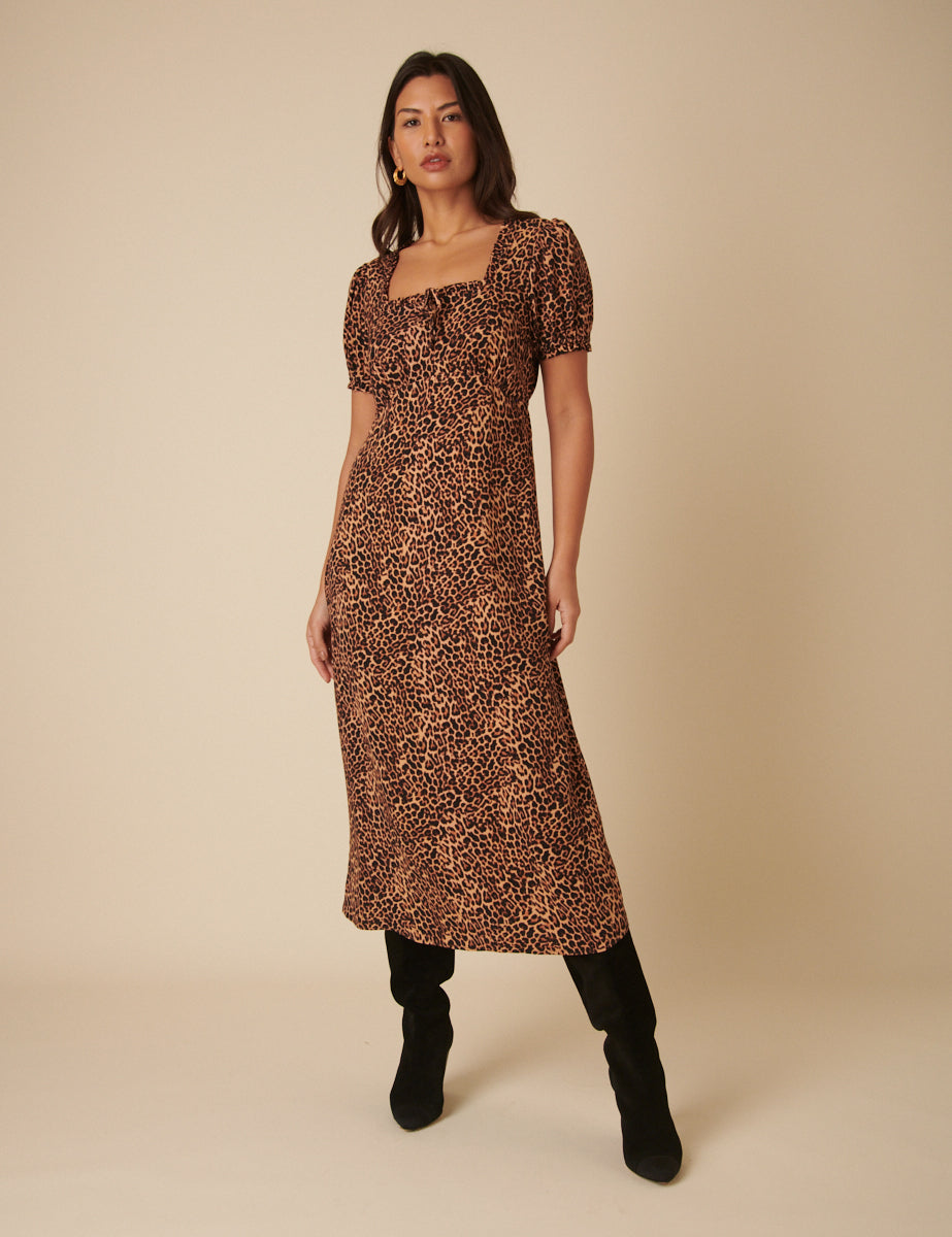 Brown Leopard Print Prarie Midi Dress
