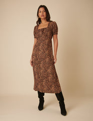 Brown Leopard Print Prarie Midi Dress