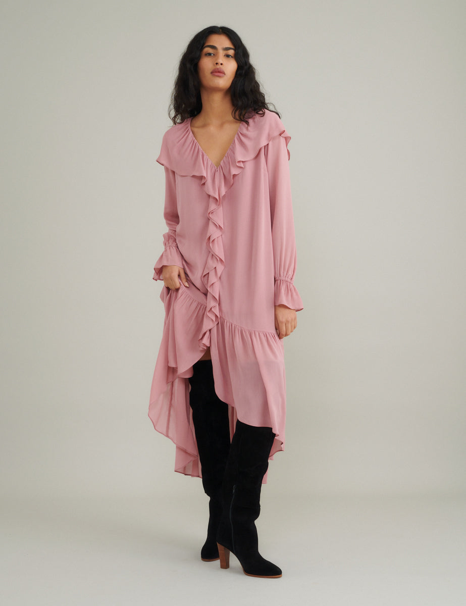 Pink Chiffon Ruffle Trim Koko Midi Smock Dress