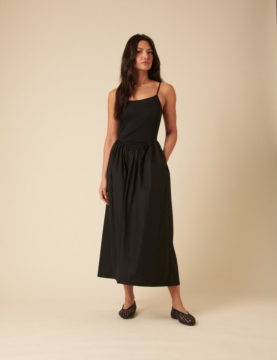 Black Ribbed Drop Waist Strappy Midi Dress