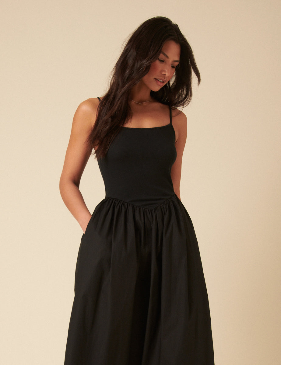 Black Ribbed Drop Waist Strappy Midi Dress