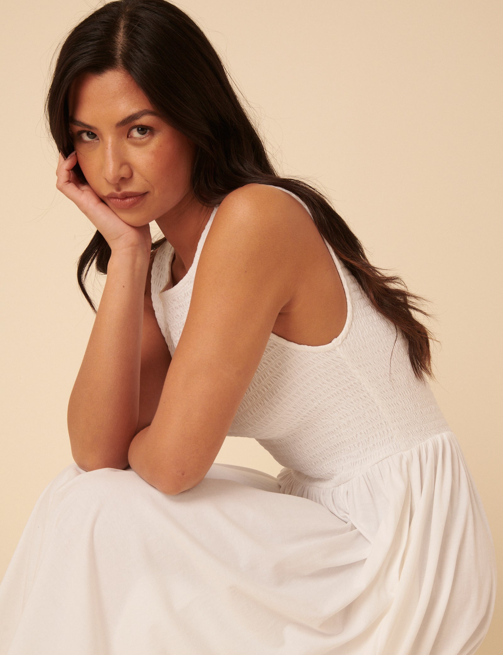 White Shirred Bodice Billie Midi Jersey Dress