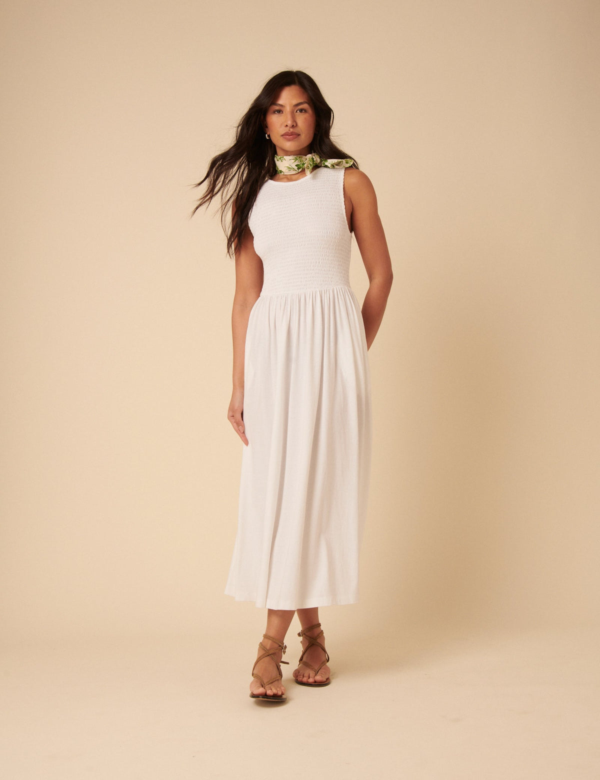 White Shirred Bodice Billie Midi Jersey Dress