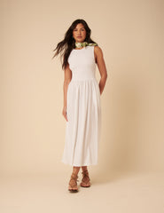 White Shirred Bodice Billie Midi Jersey Dress