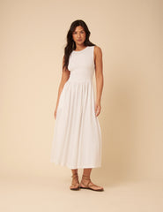 White Shirred Bodice Billie Midi Jersey Dress